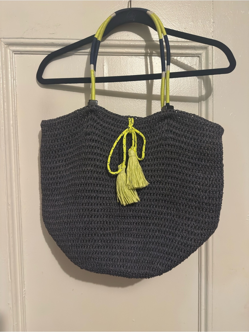 J Crew Woven Tote Bag with Neon Tassels - Navy Blue & Lime. Good condition.